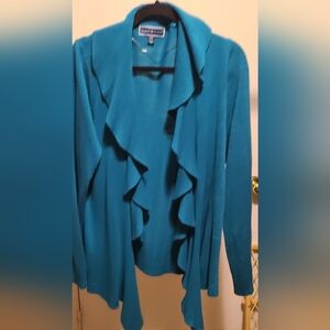 Karen Scott Womens XL Blue Ruffled Open Front Cardigan Sweater Office Church